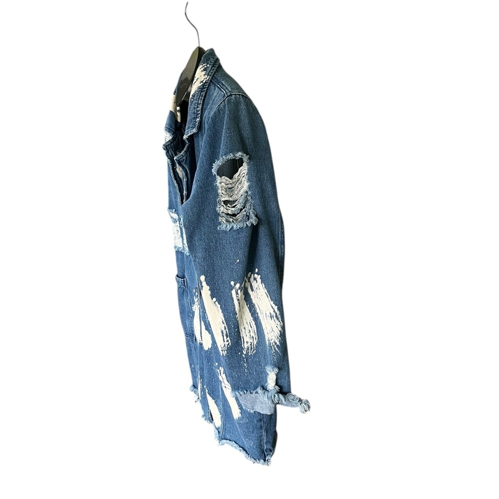 Fashion Nova distressed blue denim duster jacket with white paint splatters - Picture 9 of 13